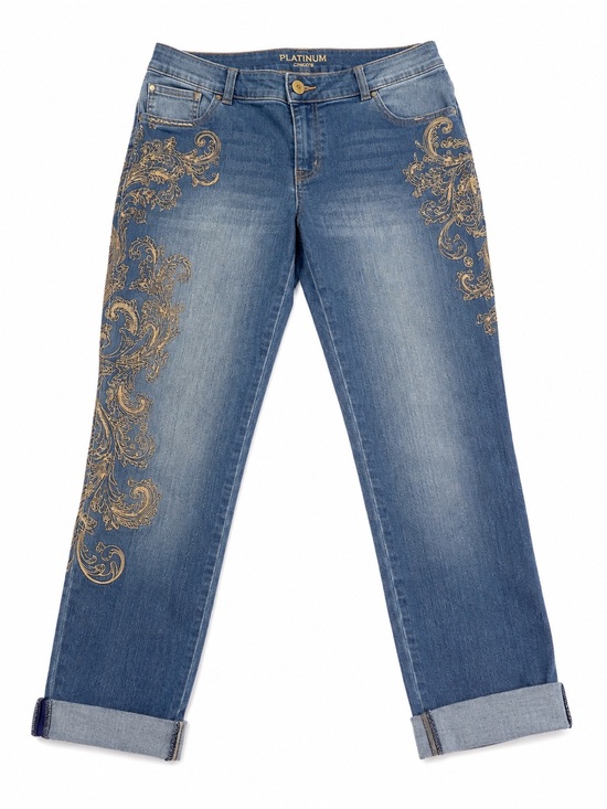 Chico's Denim - Chico’s Platinum Embroidered Jeans Size 0.5 Regular Crystal Button Cuffed